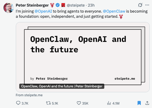 Peter Steinberger tweet announcing he is joining OpenAI and OpenClaw is becoming an open foundation
