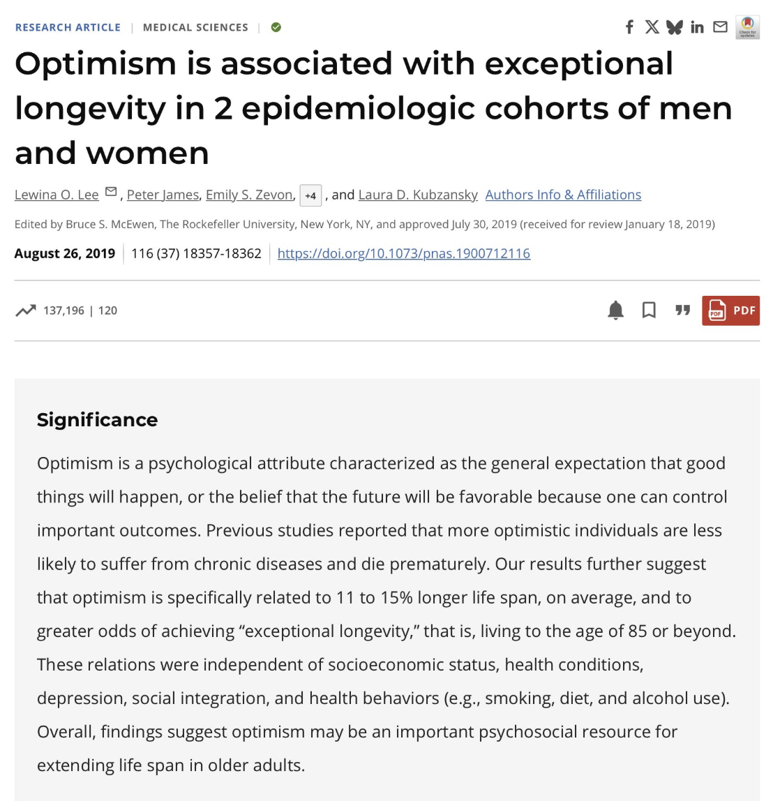 PNAS research article showing optimism linked to 11-15% longer lifespan