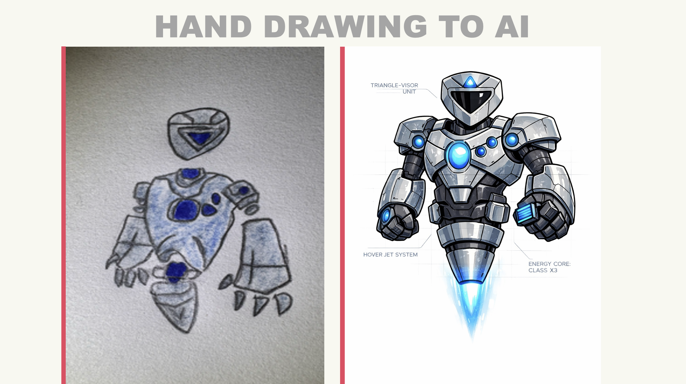 Hand Drawing to AI - Robot #2 - armored hover robot with jets, hand sketch vs AI render