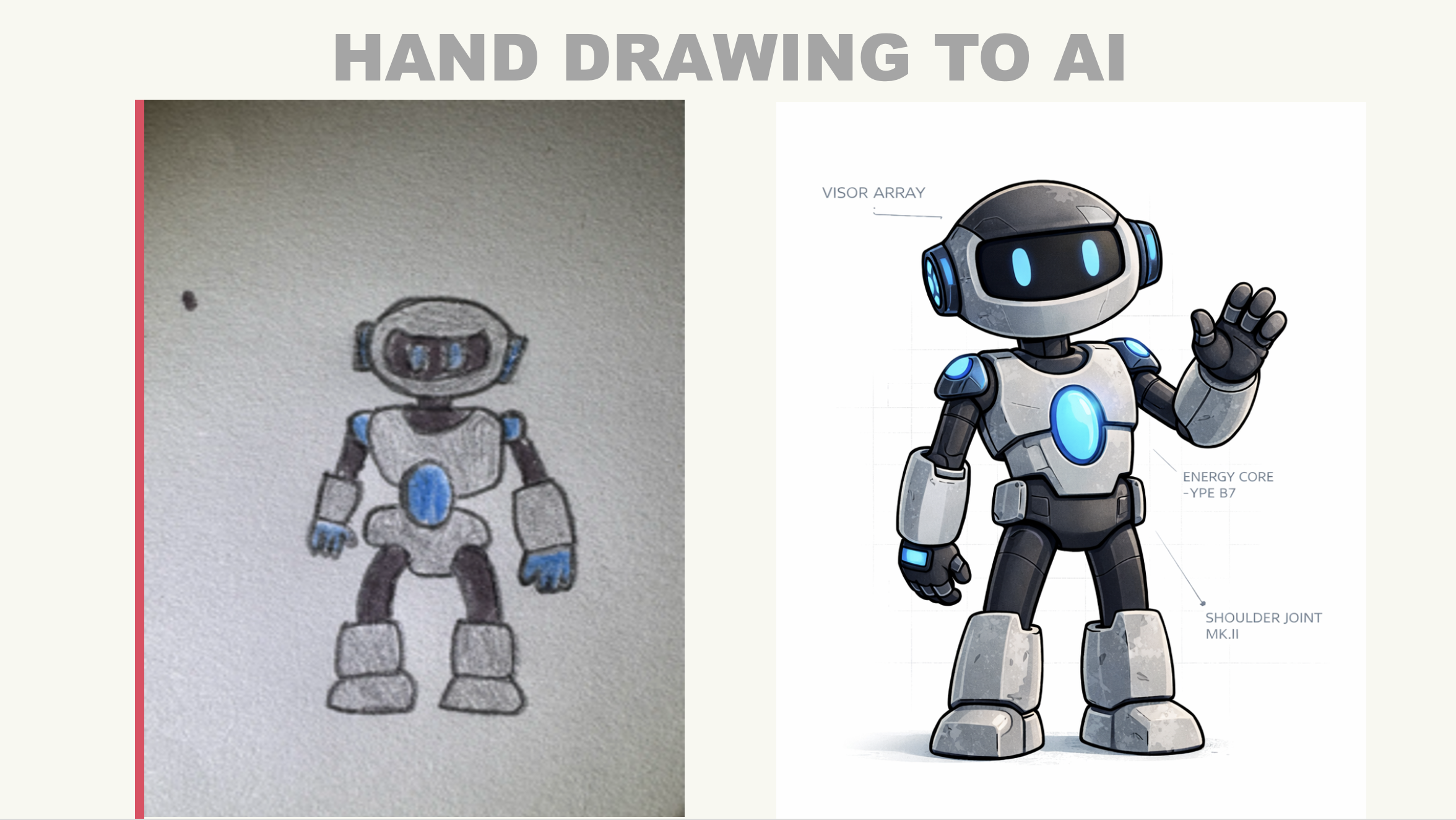 Hand Drawing to AI - Robot #1 - friendly robot with blue energy core, hand sketch vs AI render