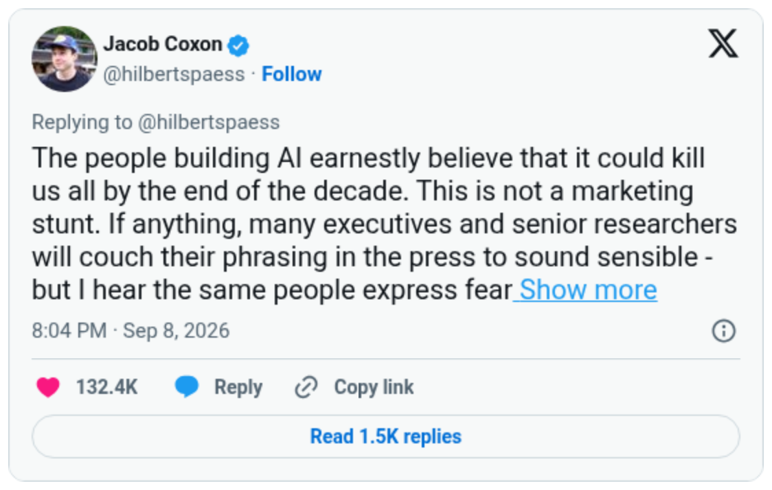 Jacob Coxon's third post warning AI could kill us all