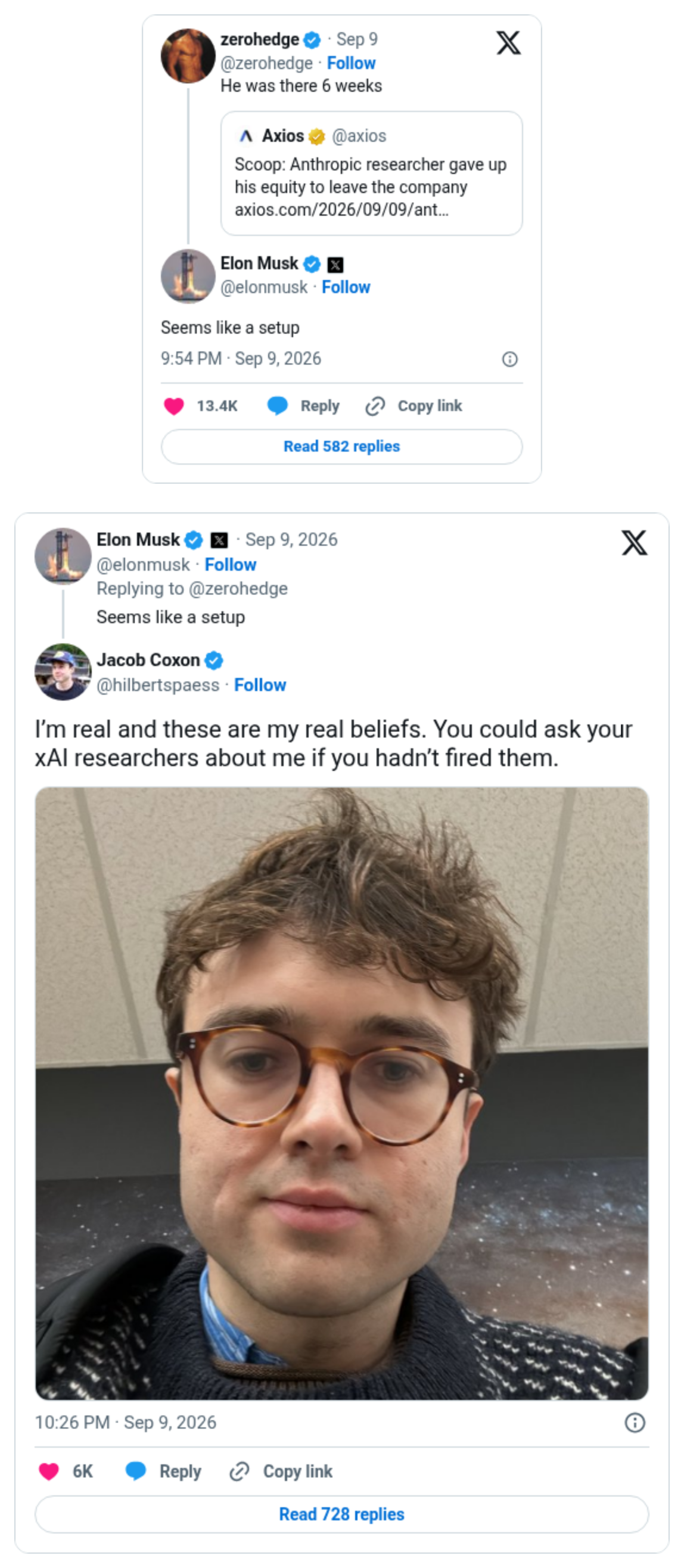 Elon Musk's setup reply beside Jacob Coxon's response