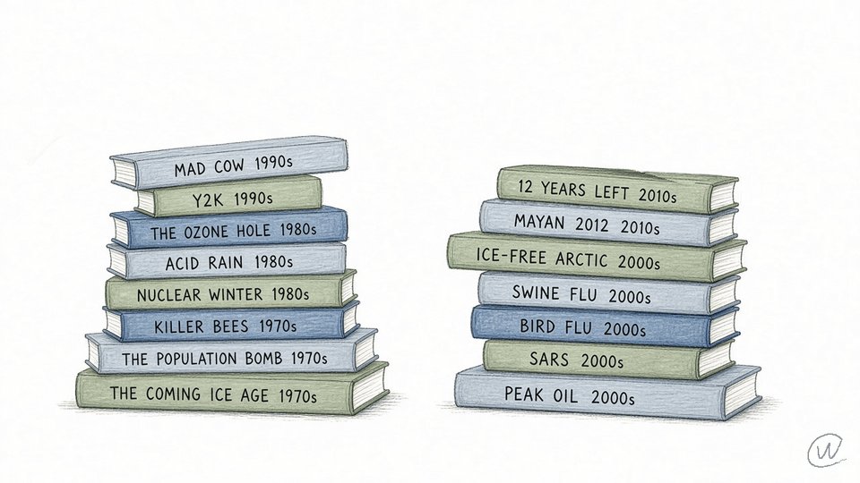 Book-stack of sixteen doom-decade spines