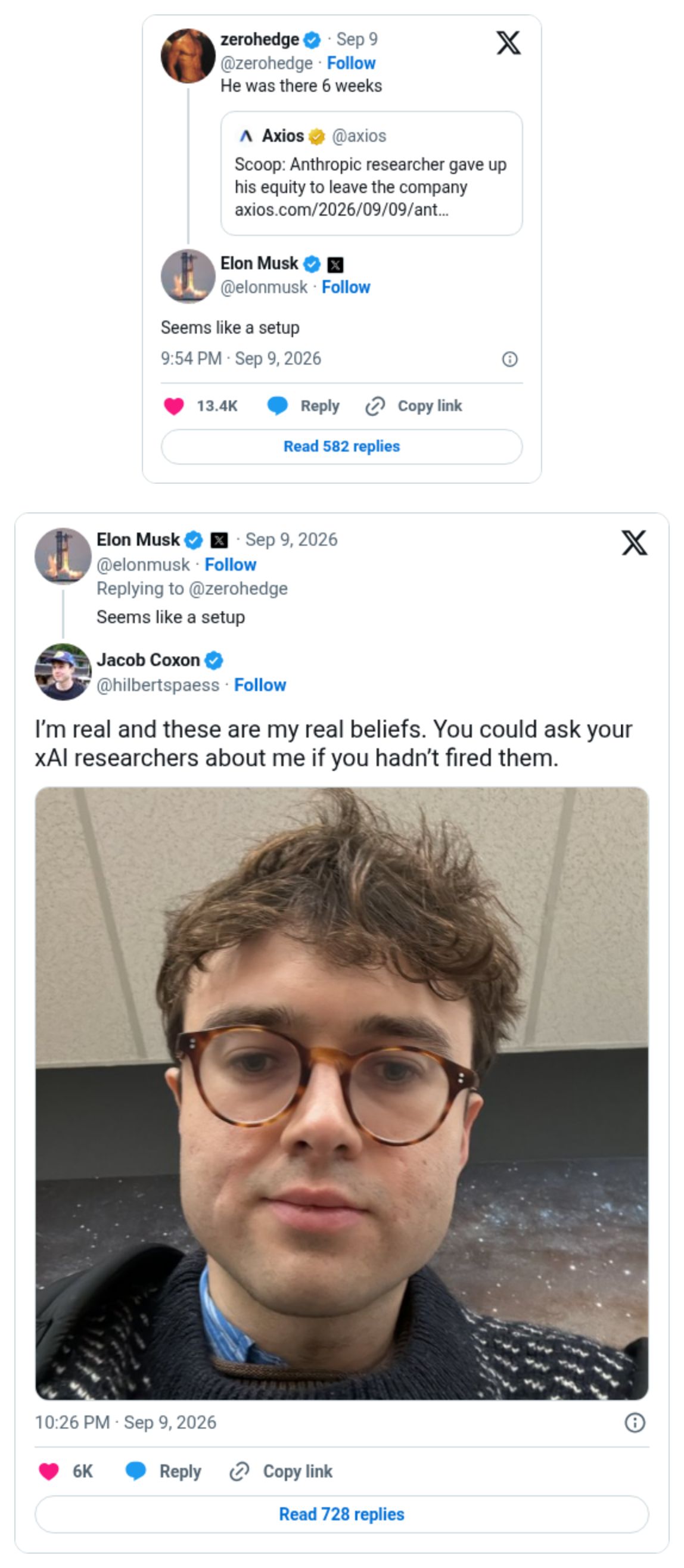 Elon Musk's setup reply beside Jacob Coxon's response