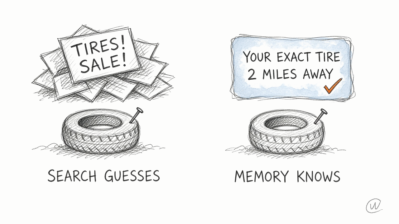 Two hand-drawn tires with a nail in them. Search guesses: a pile of Tires! Sale! ads. Memory knows: Your exact tire, 2 miles away.