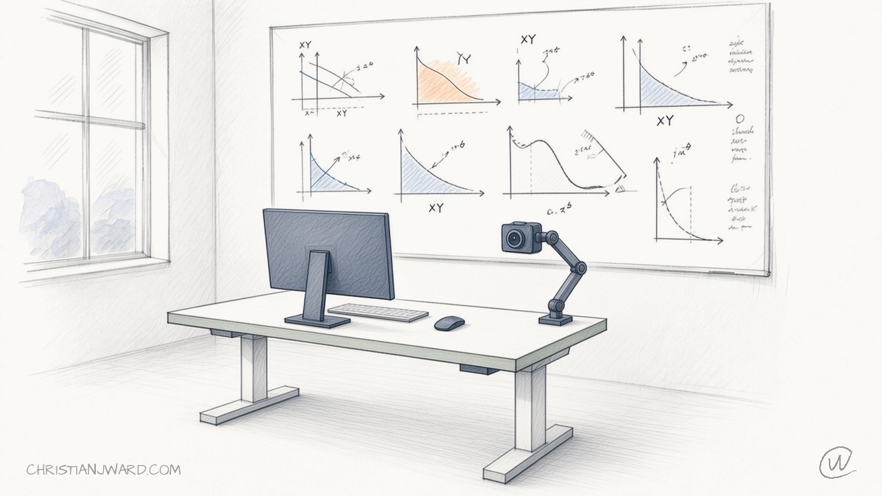 A desk with a monitor and camera in front of a whiteboard covered in hand-drawn charts