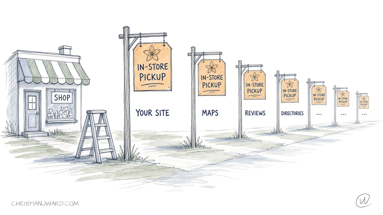 Drawing of the same in-store pickup sign on a row of signposts